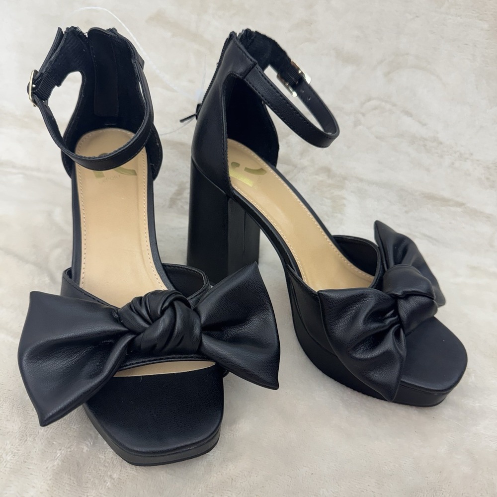 Report Black Bow Platform Block Heel Sandals Ankle Strap Womens 6M‎ Coquette Y2K